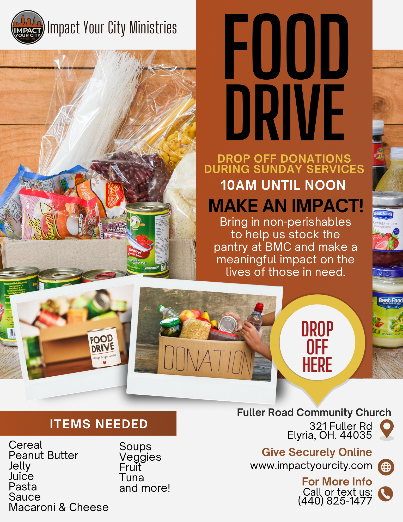 Food Drive Flyer – Drop off non-perishables during Sunday Services 10AM–Noon at Fuller Road Community Church, Elyria OH